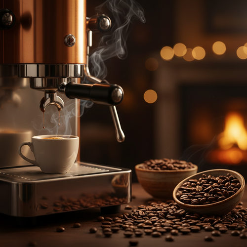 génère une image ou l'on voit une belle machine à café et des grains de café. Joue sur les texture premiums et l'émotion